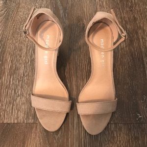 Tan suede open toe heels